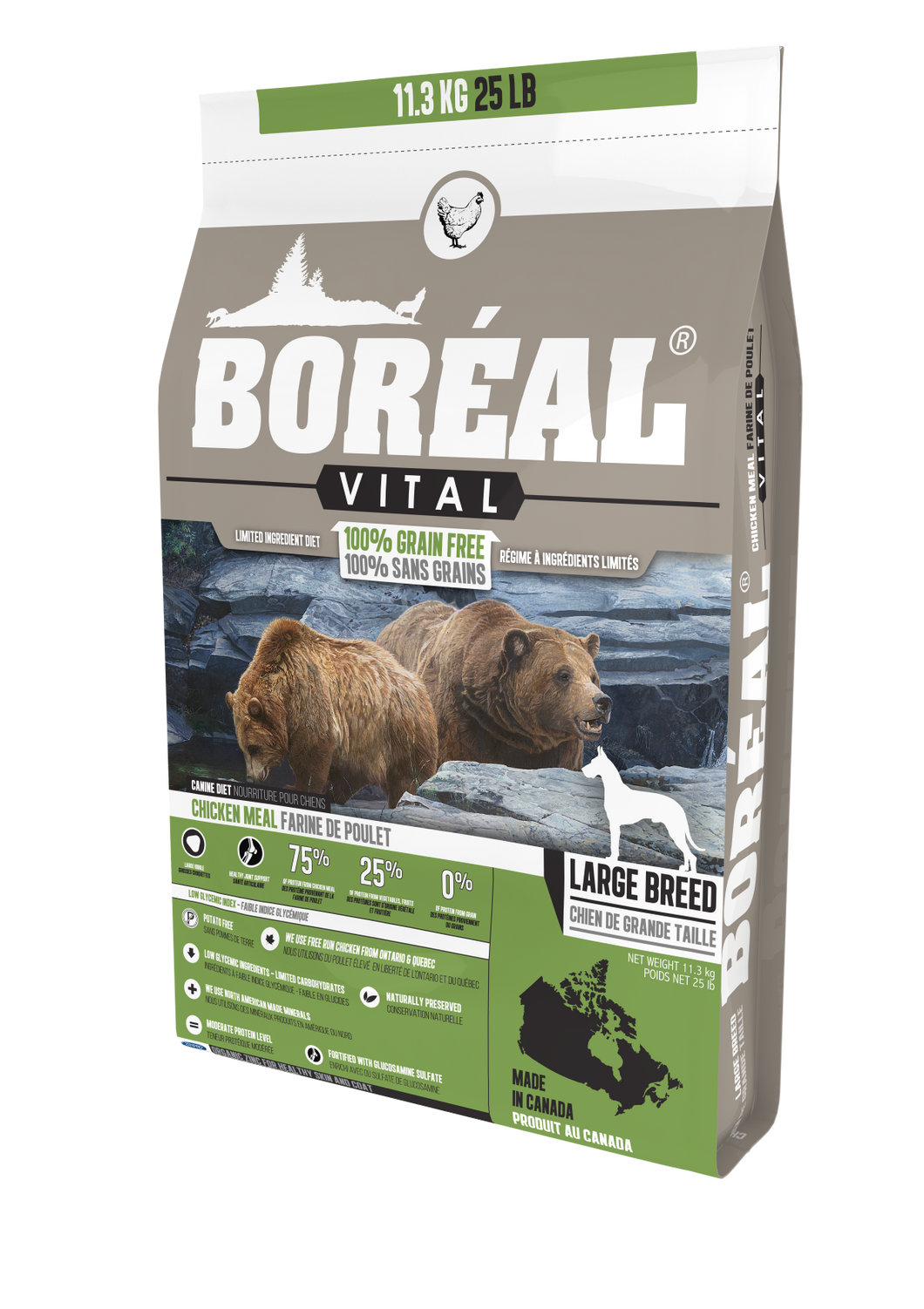 Boréal - Vital Large Breed Chicken Meal Grain Free Dog Food - Limited Ingredient Diet - Joint Support - Large Kibble - Glucosamine Fortified - Ontario & Quebec Free Run Chicken - Low Glycemic - Limited Carbs - North American Made Minerals - Naturally Preserved - Potato Free - Made in Canada
