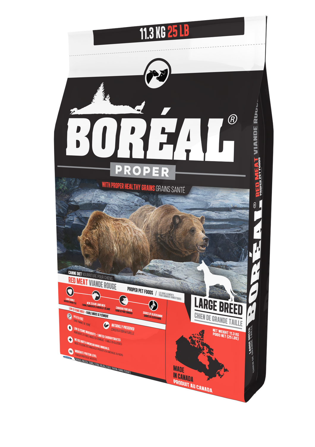 Boréal - Proper Large Breed Red Meat Low Carb Grain Inclusive Dog Food - Low Glycemic - Large Kibble - Canadian Pork Meal - Glucosamine Fortified - North American Minerals - New Zealand Lamb Meal - Potato Free - Made in Canada